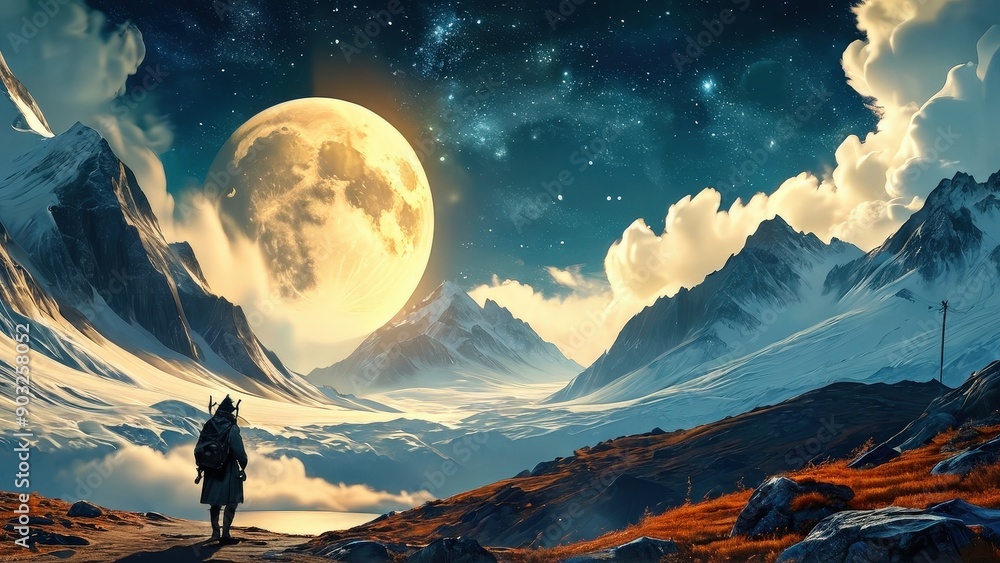 Solitary Figure Gazing at the Moonlit Mountains. Solitary Figure Gazing at the Moonlit Mountains.