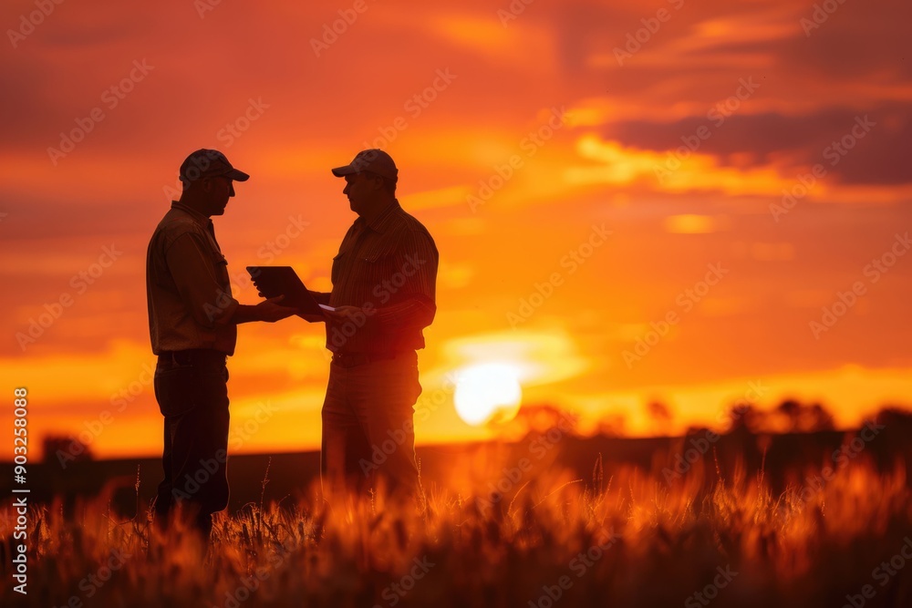 Farmers collaborate on farming agreement at sunset.