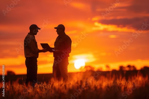 Obraz na płótnie Farmers collaborate on farming agreement at sunset. w salonie