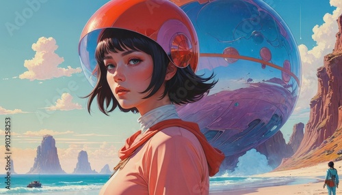Woman in a Spacesuit on a Beach.