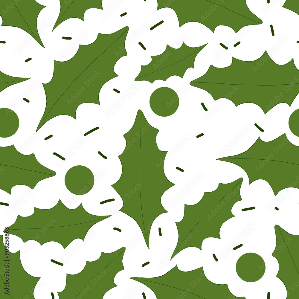 Green holly leaves for Christmas isolated seamless pattern color illustration for prints, textiles and wrapping paper, for backgrounds and wallpapers Green holly leaves for Christmas isolated seamless pattern color illustration for prints, textiles and wrapping paper, for backgrounds and wallpapers