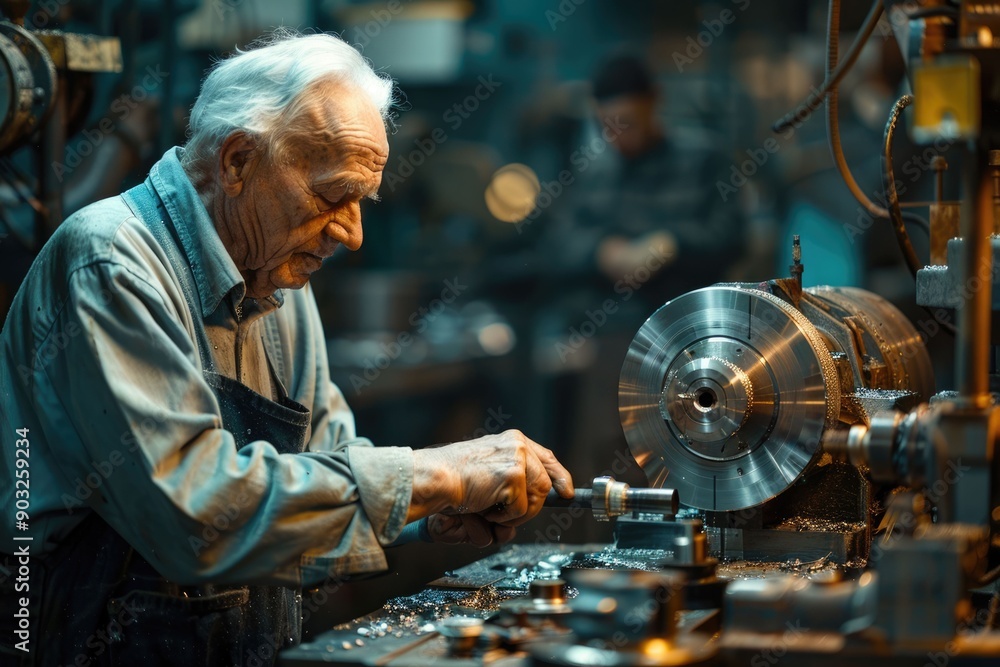 Elderly worker operates lathe in factory turning shop. Elderly worker operates lathe in factory turning shop.