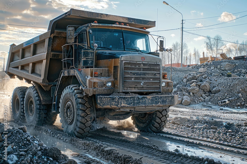 Dump truck delivers materials to construction site using car transporter. Dump truck delivers materials to construction site using car transporter.