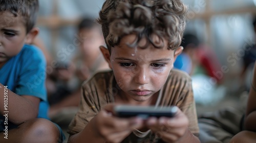 A young boy intensely focused on his mobile device, seated in a tent, highlighting the immersive nature of technology and its impact on young minds in a casual environment.