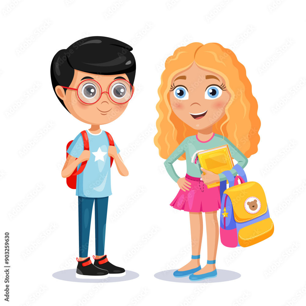 Vector cartoon characters girl and boy with backpack and book.
Vector cartoon characters girl and boy with backpack and book.