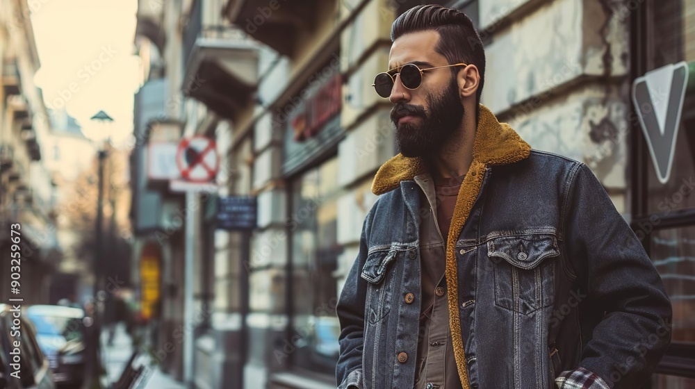 Urban Style: Man in Denim Jacket and Sunglasses in City Urban Style: Man in Denim Jacket and Sunglasses in City