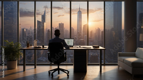 Modern Office with Panoramic Cityscape View at Dusk photo