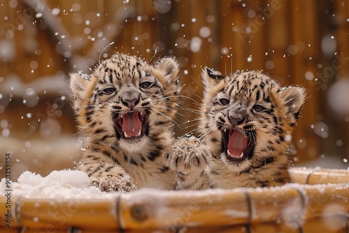 Two Playful Snow Leopard Cubs photo