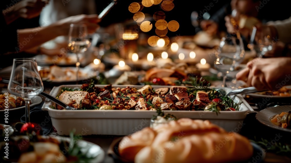 A rustic holiday table loaded with roasted food and festive decorations captures the joy and warmth of communal dining, with candles adding to the cozy atmosphere. A rustic holiday table loaded with roasted food and festive decorations captures the joy and warmth of communal dining, with candles adding to the cozy atmosphere.