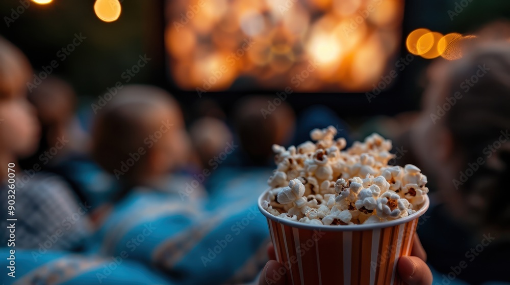 A person holds a bucket of popcorn while watching a movie, with a blurred audience in the background, capturing the essence of a delightful cinema experience. A person holds a bucket of popcorn while watching a movie, with a blurred audience in the background, capturing the essence of a delightful cinema experience.