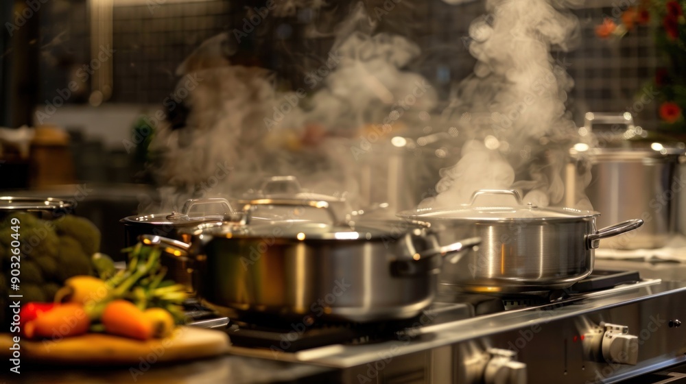 Steaming Pots on a Modern Stovetop Steaming Pots on a Modern Stovetop