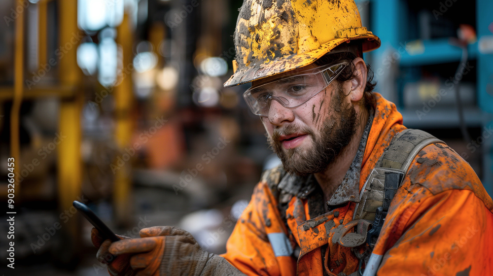Male construction worker uses a smartphone during a break from work. Male construction worker uses a smartphone during a break from work.