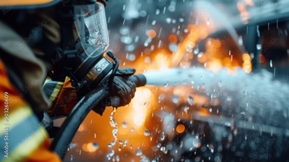 A firefighter bravely confronts a roaring blaze, directing a powerful stream of water towards the flames, demonstrating courage and the relentless fight against fire disasters. A firefighter bravely confronts a roaring blaze, directing a powerful stream of water towards the flames, demonstrating courage and the relentless fight against fire disasters.