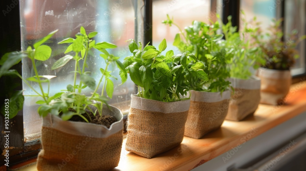 Four small potted herbs are lined up on a windowsill, enjoying the sunlight. Four small potted herbs are lined up on a windowsill, enjoying the sunlight.