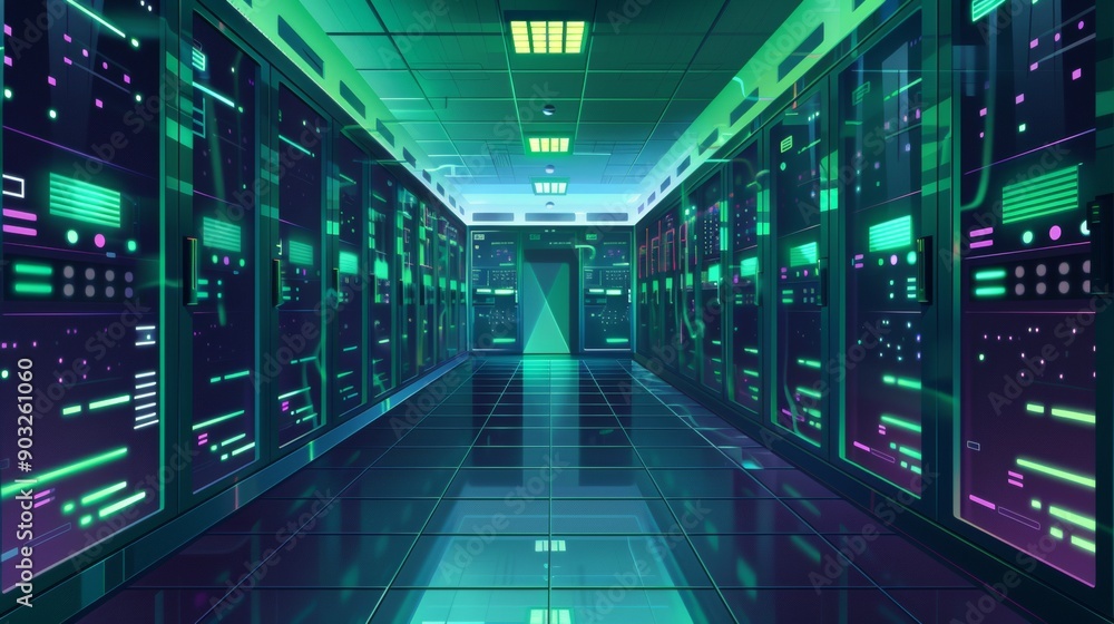 Server room with rows of glowing servers and a green ceiling light. Server room with rows of glowing servers and a green ceiling light.