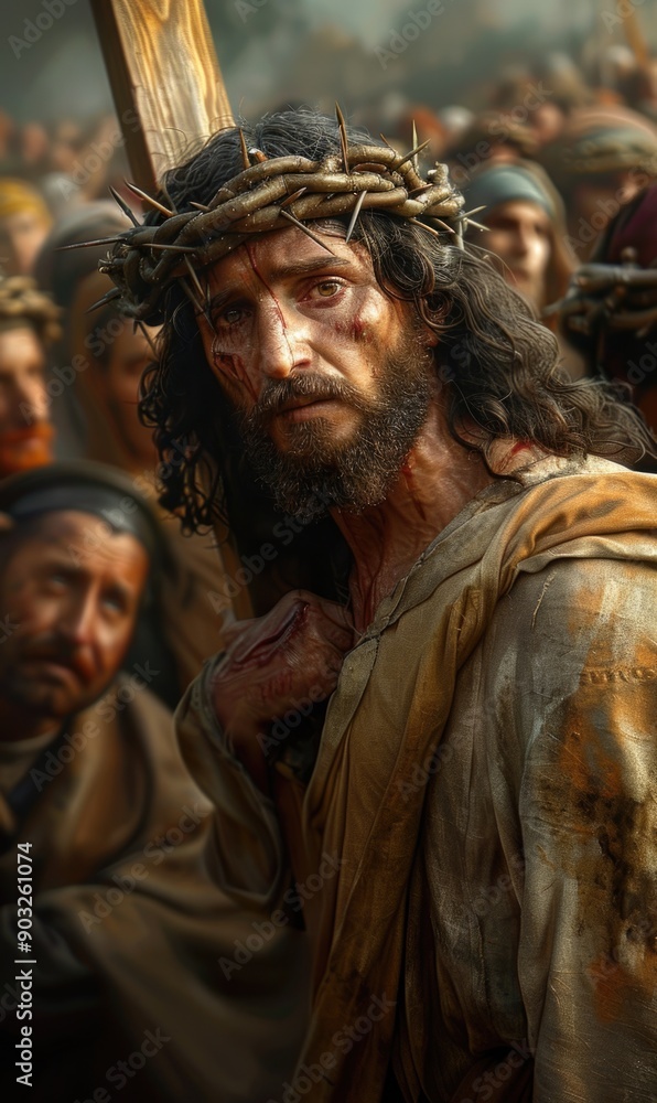 Naklejka premium Sorrowful journey: Jesus Christ walking to Golgotha, bearing a heavy wooden cross on his shoulders, his face reflecting suffering and fatigue in this poignant religious depiction