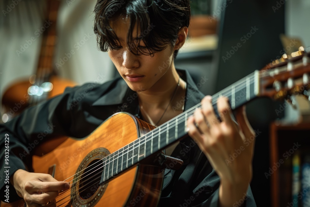 Fototapeta premium A horizontal front view shot of young japanese man playing the guitar