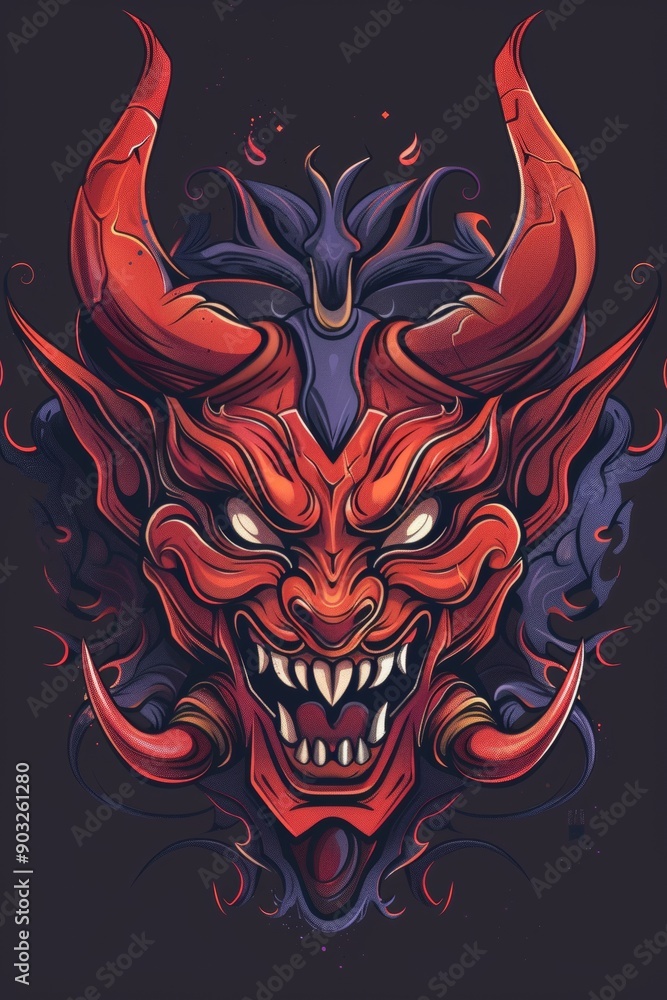 Fototapeta premium Red demon mask with horns, fangs, and glowing eyes.