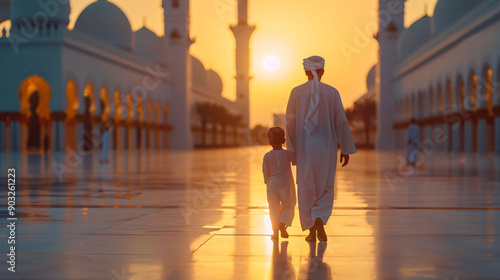 Father and son going to mosque eid mubarak background
