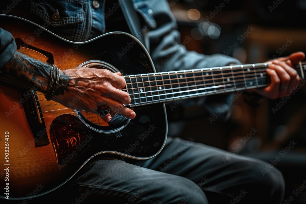 Fototapeta premium Acoustic guitarist playing on black background for folk music.