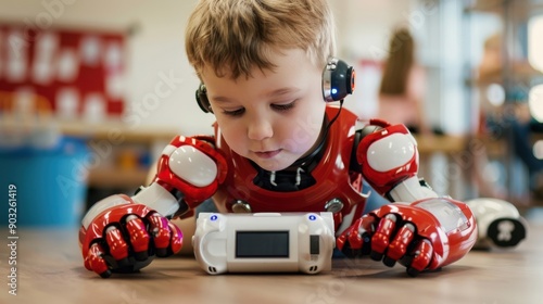 A young boy is playing with a robot toy, wearing a red helmet