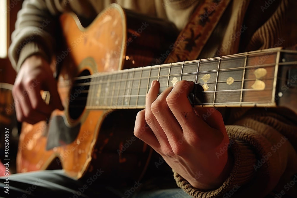 Fototapeta premium Man playing acoustic guitar at home low key image with selective focus
