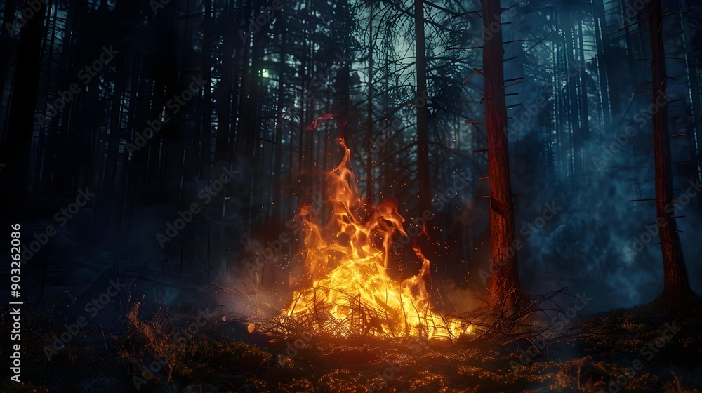 Mystical scene of burning pyre in nighttime forest Mystical scene of burning pyre in nighttime forest