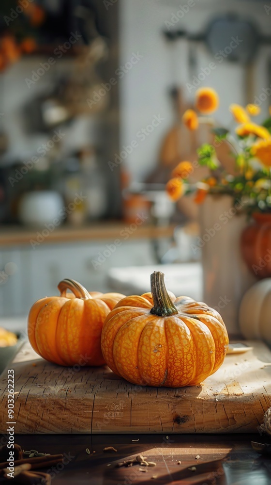 Two small pumpkins on a rustic wooden table with blurred background of a cozy kitchen decorated for autumn. Two small pumpkins on a rustic wooden table with blurred background of a cozy kitchen decorated for autumn.