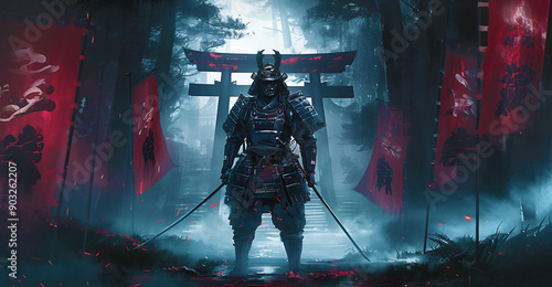 Portrait of a samurai in armor in attack position copy space background