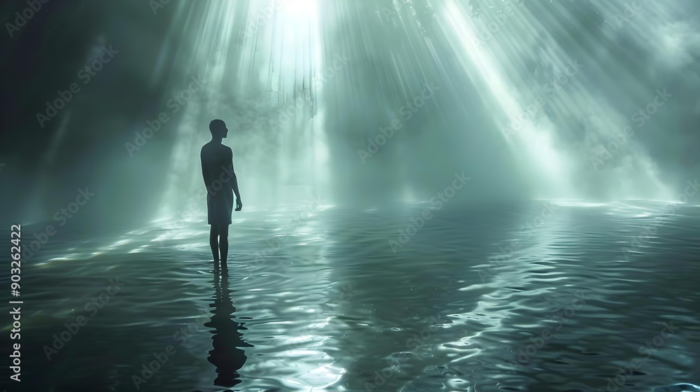 Fototapeta premium Silhouette standing in serene misty waterscape