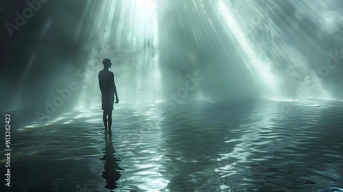 Silhouette standing in serene misty waterscape