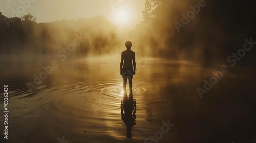 Silhouette standing in serene misty waterscape