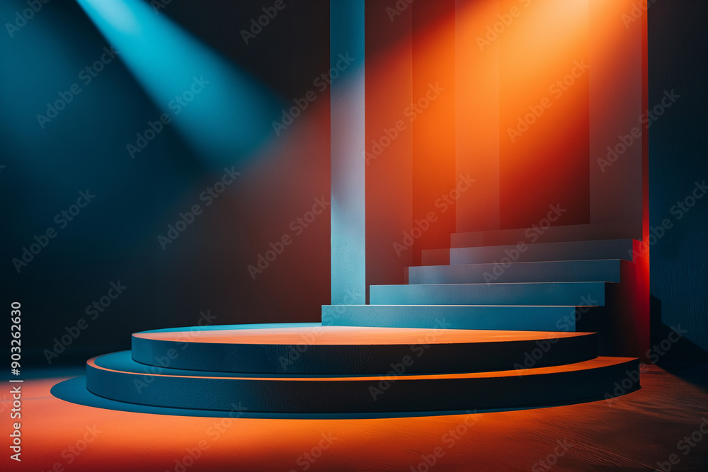 Illuminated Podium with Subtle Blue and Orange Accents in Spotlight Illuminated Podium with Subtle Blue and Orange Accents in Spotlight