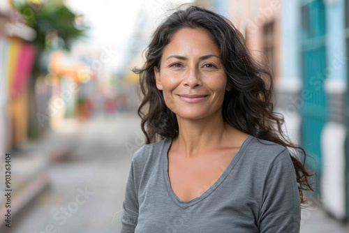 Confident middle aged Hispanic woman smiling on street