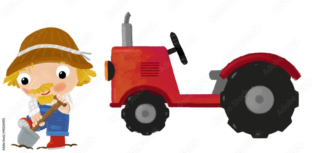 cartoon scene with farmer man standing doing some activity near tractor isolated background illustation for children cartoon scene with farmer man standing doing some activity near tractor isolated background illustation for children