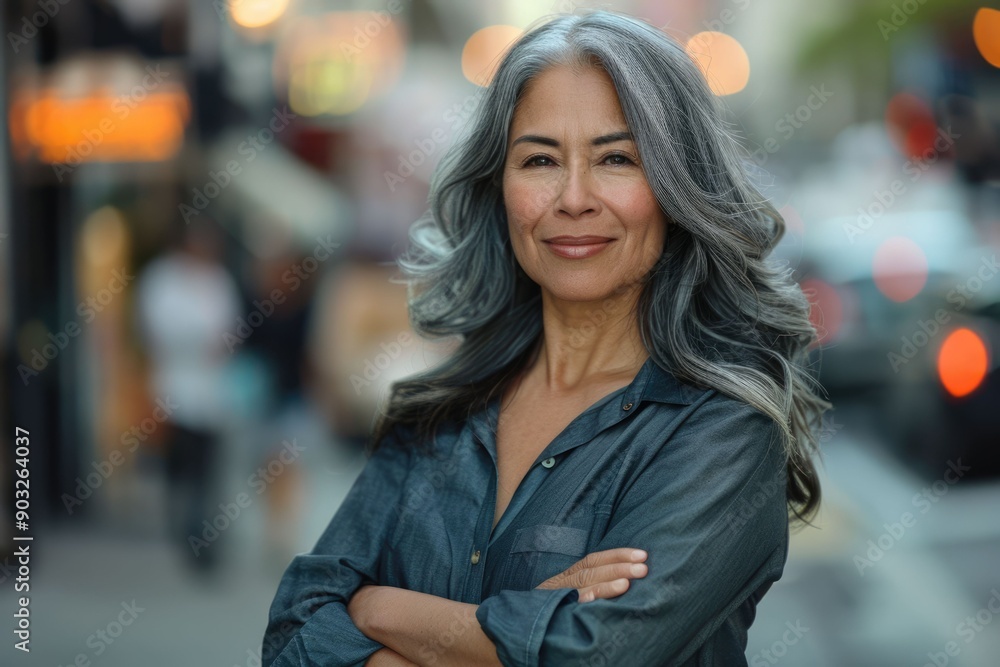 Cheerful Hispanic woman with long grey hair in city street Cheerful Hispanic woman with long grey hair in city street