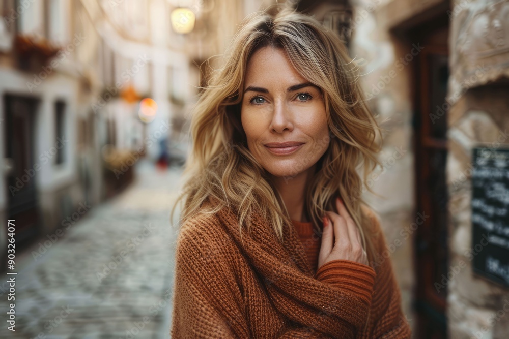 Fototapeta premium Stylish middle aged woman smiling on city street.