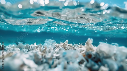 The image starkly illustrates plastic pollution cluttering the ocean floor, showing an array of plastic waste dispersed underwater beneath the shimmering clear water surface. photo