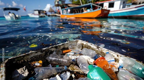 Wallpaper Mural The image captures floating plastic waste contaminating the water of a tropical harbor, juxtaposed against the backdrop of colorful boats and seaside structures, highlighting pollution. Torontodigital.ca