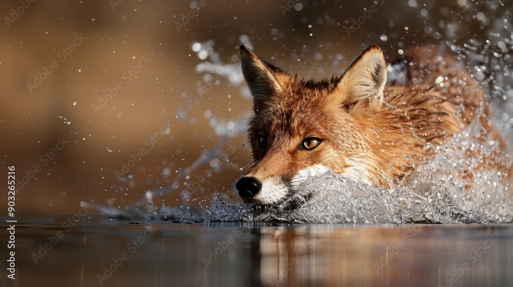 An energetic image capturing a fox running through shallow water, creating splashes around as it moves swiftly, highlighting agility, quickness, and the untamed wild nature of the animal. An energetic image capturing a fox running through shallow water, creating splashes around as it moves swiftly, highlighting agility, quickness, and the untamed wild nature of the animal.