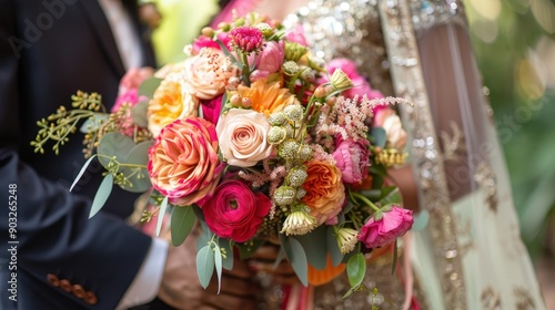 Beautifully Arranged Floral Bouquet at Outdoor Wedding Ceremony in Vibrant Colors and Romantic Settings. Generative AI