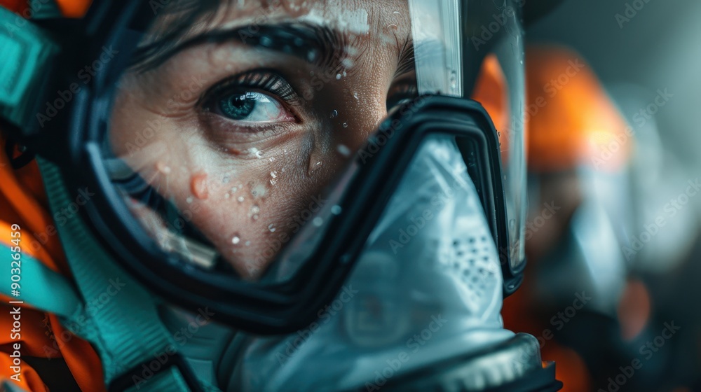 The image depicts a closeup of a firefighter in vibrant orange gear, focused on their protective mask, in a possibly hazardous environment, representing heroism and safety. The image depicts a closeup of a firefighter in vibrant orange gear, focused on their protective mask, in a possibly hazardous environment, representing heroism and safety.