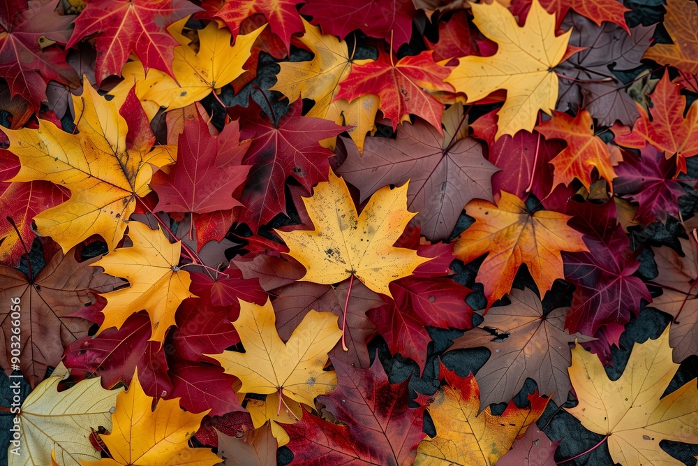 Fallen maple leaves in red, yellow and orange colors lie on the ground, empty space for text. The concept of fall Fallen maple leaves in red, yellow and orange colors lie on the ground, empty space for text. The concept of fall