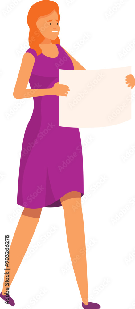 Smiling young woman walking and holding a blank placard with copyspace Smiling young woman walking and holding a blank placard with copyspace