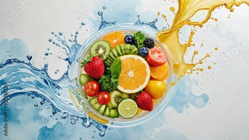 Fresh Fruit Splash with Blue and Orange Water Splashes.