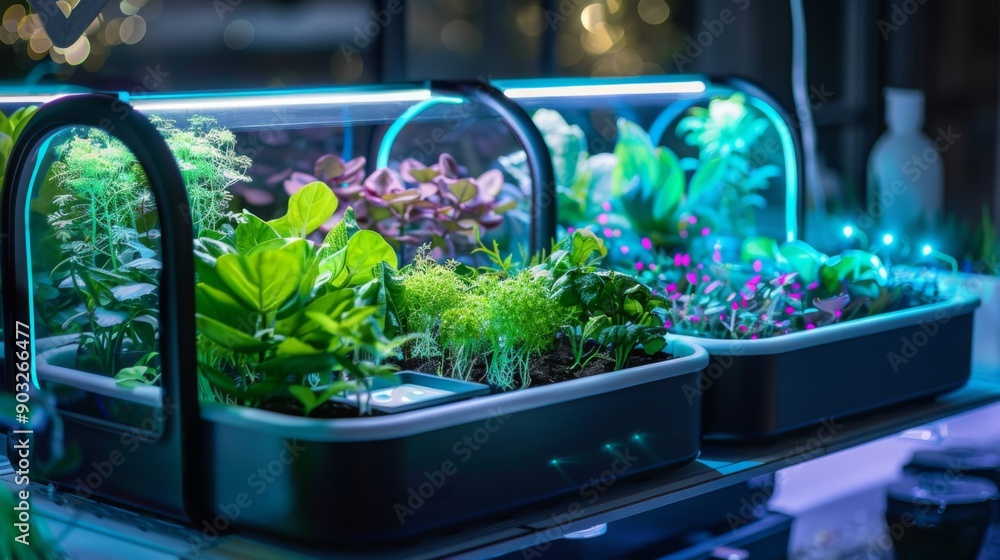 Two indoor gardens with LED lights growing various herbs and greens. Two indoor gardens with LED lights growing various herbs and greens.