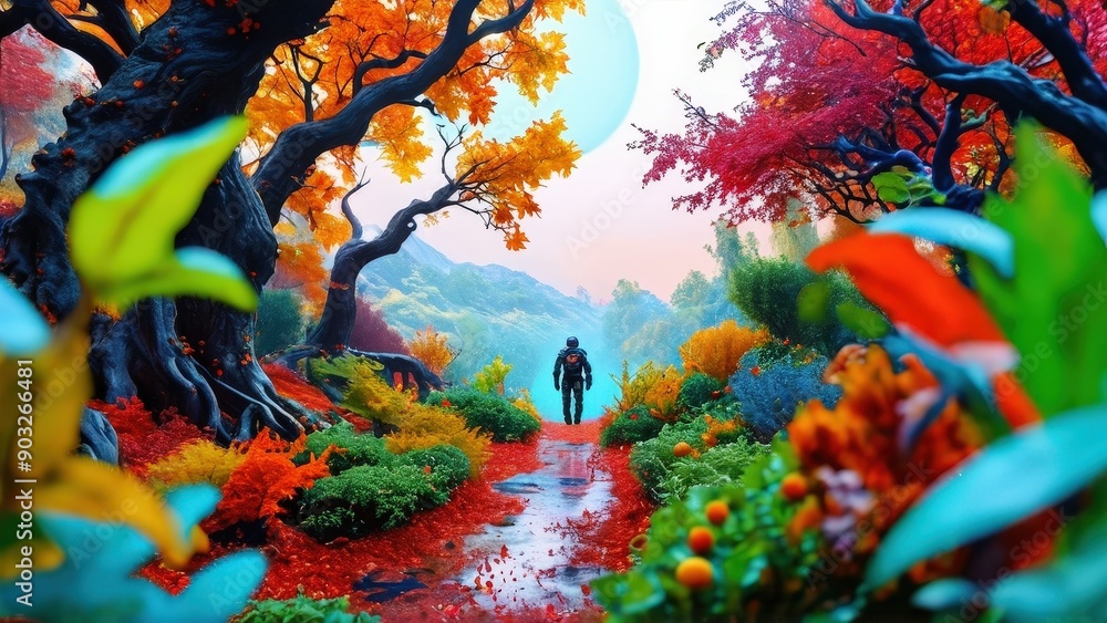 Fototapeta premium Surreal Landscape with a Lone Figure Walking Down a Path.