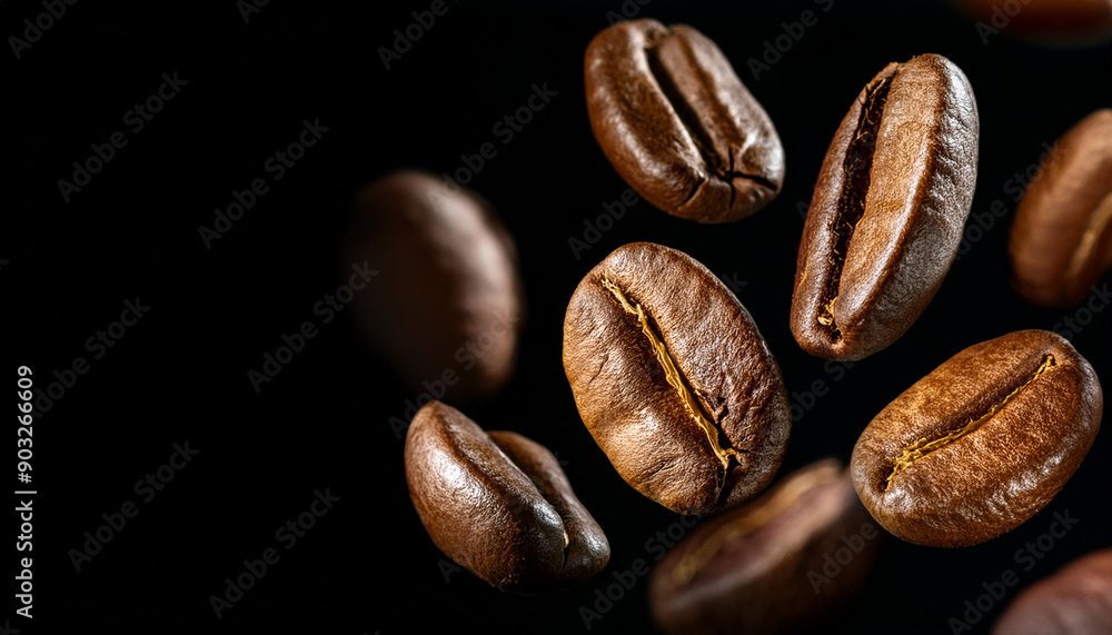 a falling coffee bean banner, roasted coffee bean on the air isolated on a black background, International Coffee Day concept a falling coffee bean banner, roasted coffee bean on the air isolated on a black background, International Coffee Day concept