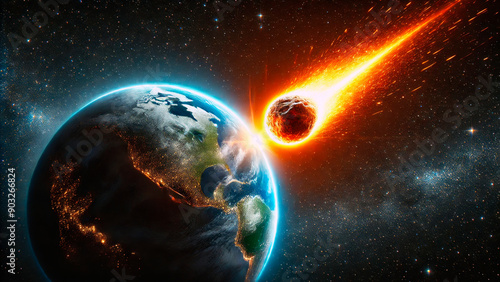 Fiery meteor approaching Earth with glowing tail photo