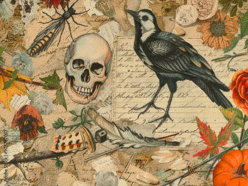 halloween scrapbook letter handwriting ledger old vintage paper antique gothic pumpkin ghost jack o lantern crow insect spider leaf botanical textured background photo